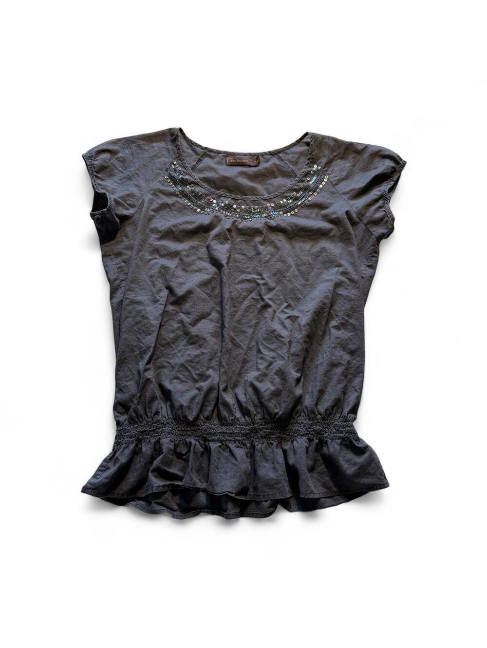 The Limited Grey Sequin Cinch Waist Boho Chic Blouse